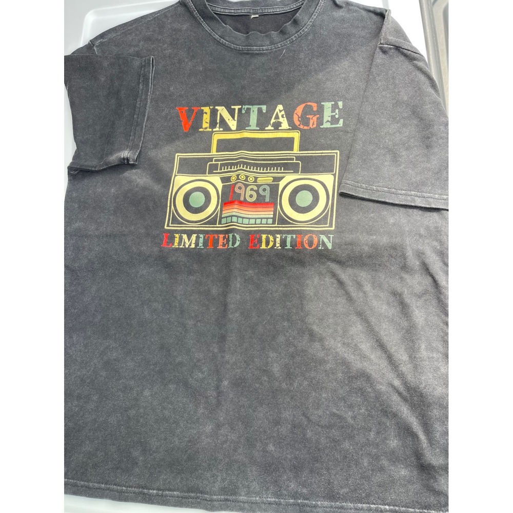 Vintage 1969 Limited Edition Boombox Graphic T-Shirt Gray Acid Wash casual retro